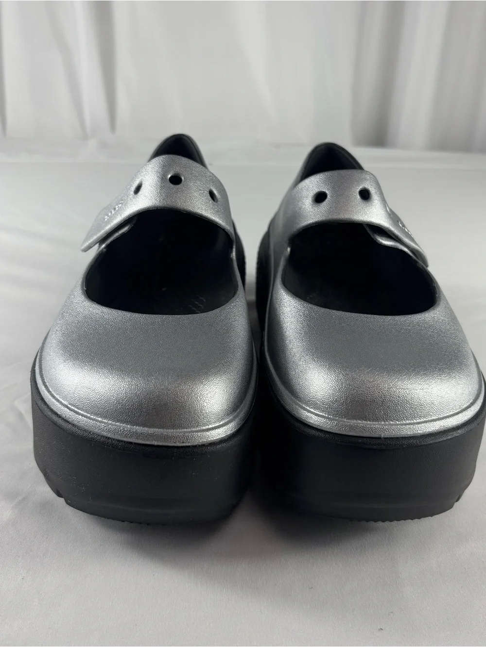 CROCS Metallic Silver Mary Jane Platform Clogs